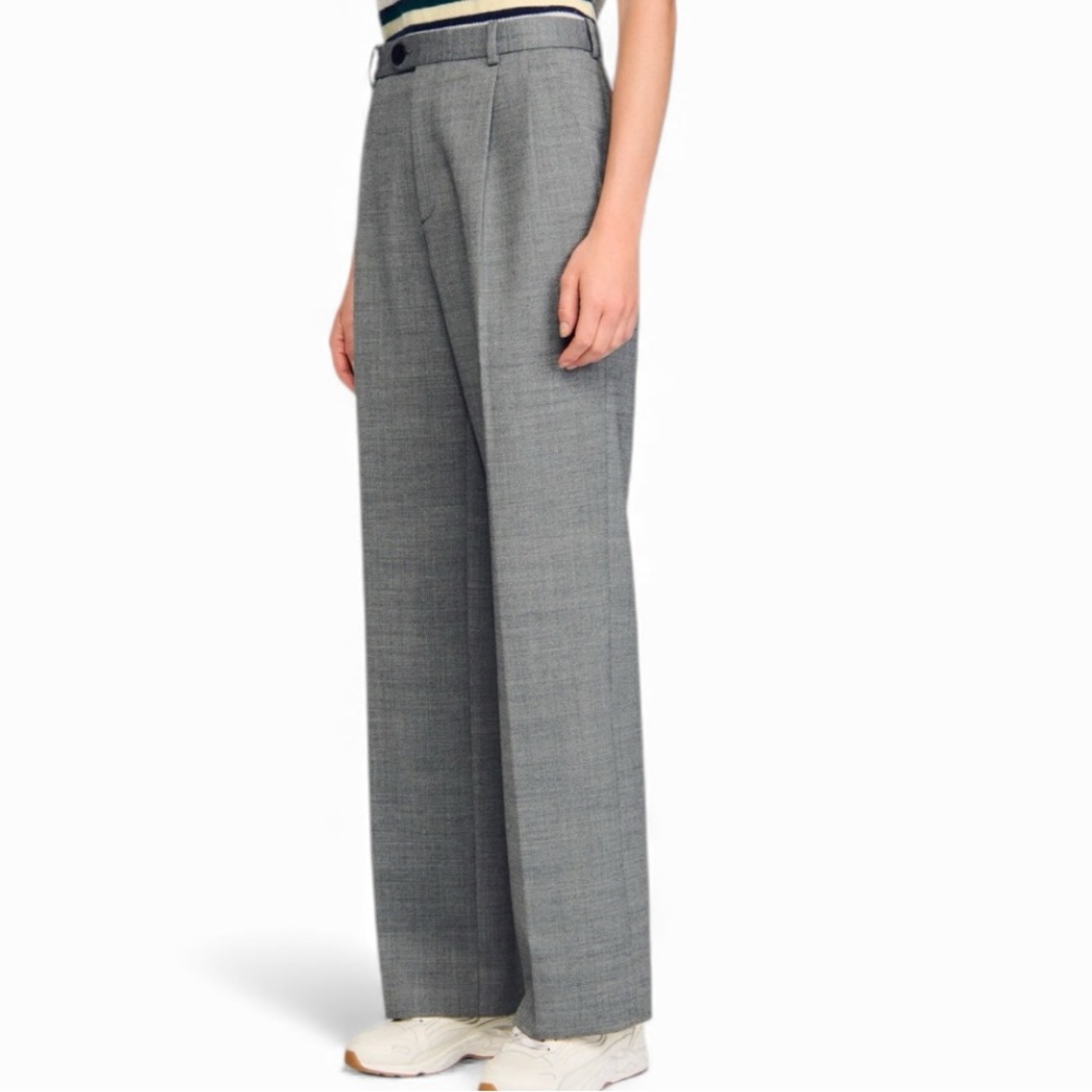 Sandro Herringbone High Rise Waist Trousers Grey Black White Wide Leg Pants 14